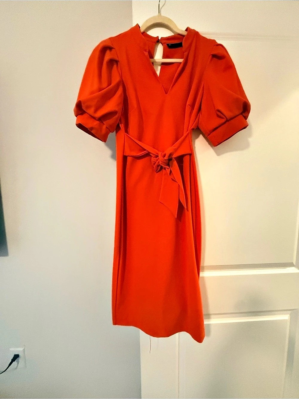 NY&C Puff Sleeve Tie Waist Midi Dress in Orange Size Small